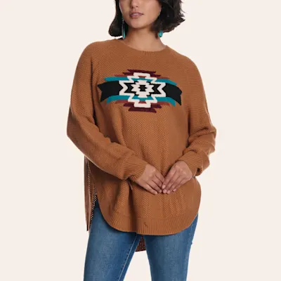 Rockin' C Women's Caramel Aztec Appliqué Round Hem Sweater