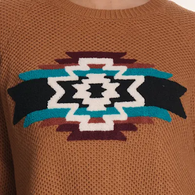 Rockin' C Women's Caramel Aztec Appliqué Round Hem Sweater