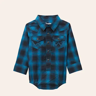 Wrangler Infant Boys' Blue Plaid Print Long Sleeve Pearl Snap Onesie