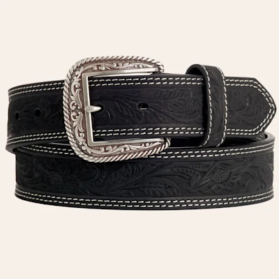 Ariat Women's Black Embossed Floral Tooled Double Stitched Leather Belt