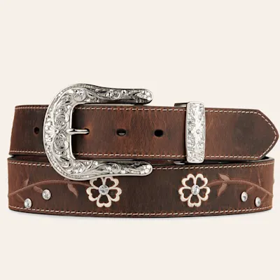 Ariat Distressed Brown with Embroidered Scrolling Flowers & Crystals Women's Scalloped Belt