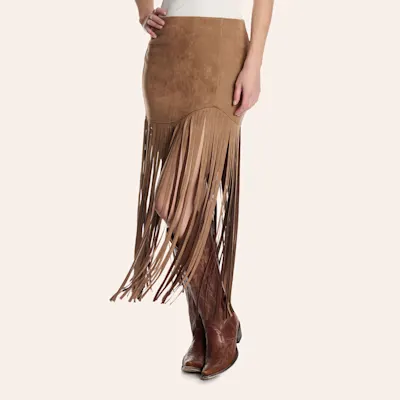 Moa Moa Caramel Suede Long Fringe Midi Skirt