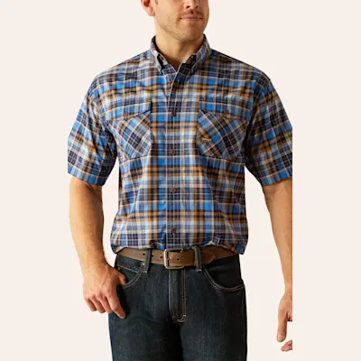 Ariat Men's Rebar DuraStretch Blue Black & Gold Plaid Work Shirt