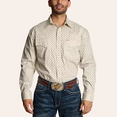 Rafter C Men's Cream Geo Print Long Sleeve Pearl Snap Western Shirt