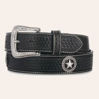 Cavender's Men's Black Basket Weave & Silver Star Concho with Etched Silver Buckle Western Belt