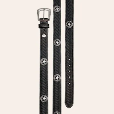 Cavender's Men's Black Basket Weave & Silver Star Concho with Etched Silver Buckle Western Belt 2 Cavender's Men's Black Basket Weave & Silver Star Concho with Etched Silver Buckle Western Belt
