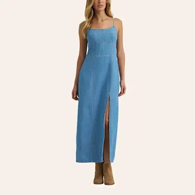 Wrangler Women's Light Wash Seamed Slit Denim Maxi Dress
