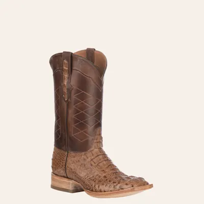 Black Jack Men's Burnished Brown Caiman Hornback and Brown Wide Square Toe Exotic Cowboy Boots
