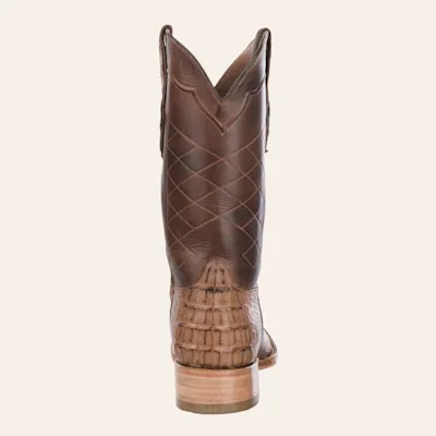 Black Jack Men's Burnished Brown Caiman Hornback and Brown Wide Square Toe Exotic Cowboy Boots