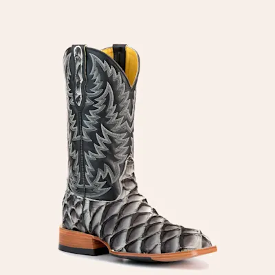 Cavender’s Men’s Gray Pirarucu and Black Wide Square Toe Exotic Cowboy Boots