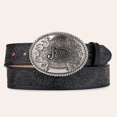 Justin Men's Black Tooled Leather with Silver Justin Logo Buckle Western Belt
