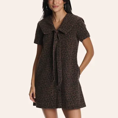 TCEC Women's Brown Leopard Print Tie Neck Denim Mini Dress