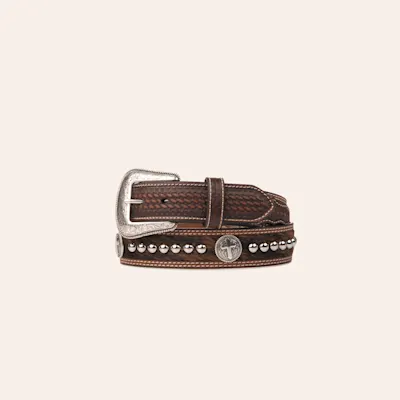Cavender's Men's Brown Cowhide and Basketweave with Cross Conchos Western Belt