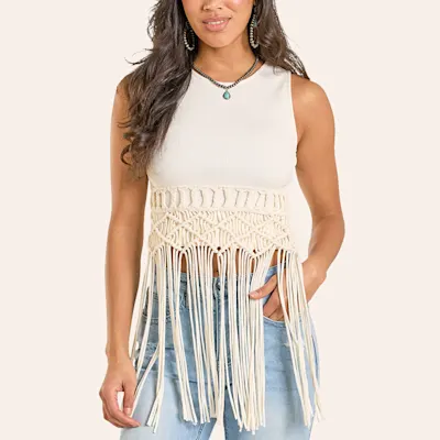Rock & Roll Denim Women's Off White Macrame Fringe Tank Top