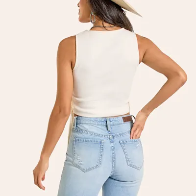 Rock & Roll Denim Women's Off White Macrame Fringe Tank Top
