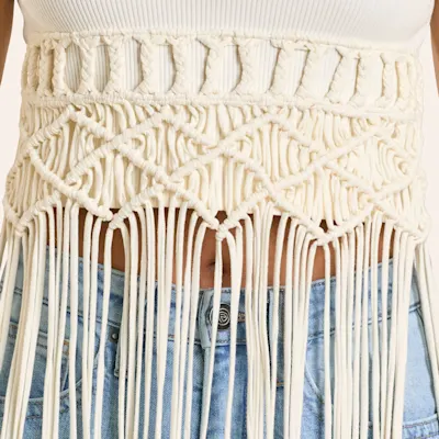 Rock & Roll Denim Women's Off White Macrame Fringe Tank Top