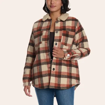 Cotton & Rye Women’s Beige & Red Plaid Print Sherpa Shacket