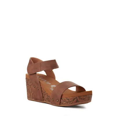 Very G Women's Devon Tan with Tooled Wedge Sandals