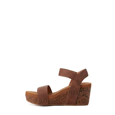 Very G Women's Devon Tan with Tooled Wedge Sandals