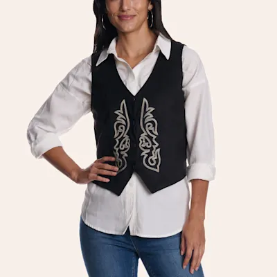 Merigold Kiss Women's Black Western Scroll Embroidered Vest