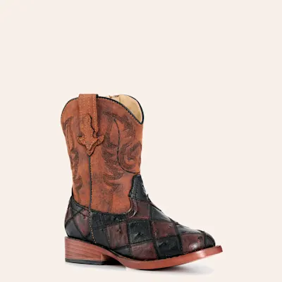 Roper Bird Blocks Toddler Burgundy & Black Faux Ostrich Cowboy Boots