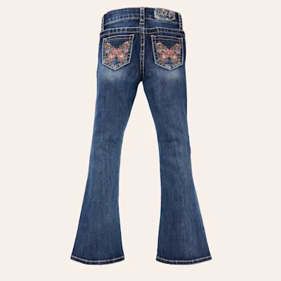 Grace In LA Girls' Medium Wash Butterfly Embroidered Bootcut Jeans
