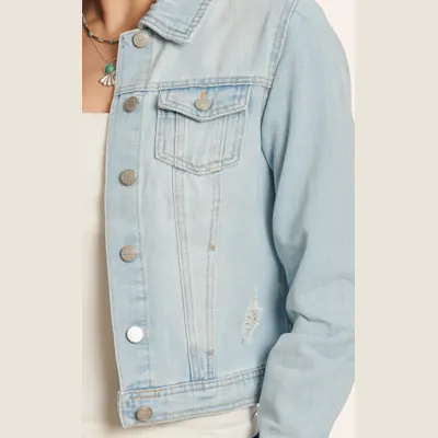 BBJ Women's Retro Light Wash Denim Distressed Jacket