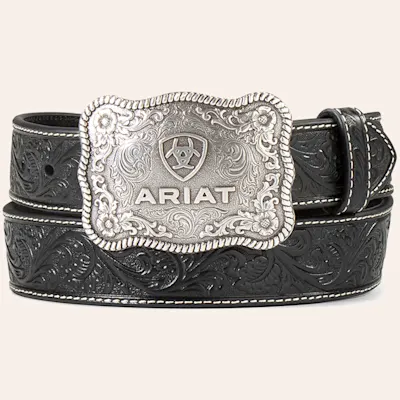 Ariat Men's Etched Silver Buckle & Black Genuine Leather Floral Tooled Belt