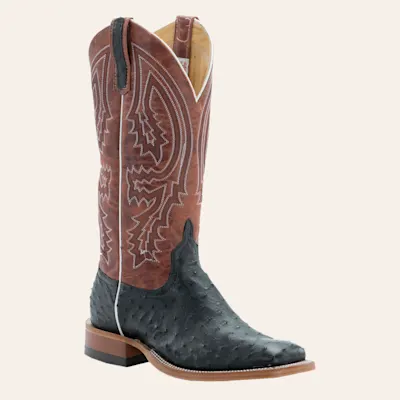 Anderson Bean Men's Black Full Quill Ostrich and Rust Lava Square Toe Exotic Cowboy Boots