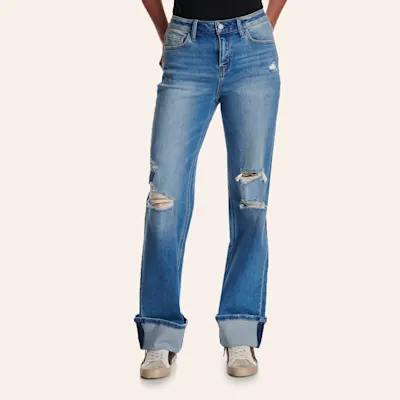 Vervet Women's Distressed High Rise Slim Leg Wide Cuff Jeans