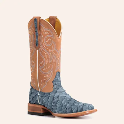 Cavender's Women's Denim Pirarucu & Brass Leather Wide Square Toe Cowboy Boots