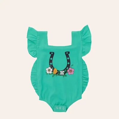 Rockin' C Infant Girl's Green Ruffle Horseshoe Graphic Romper