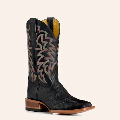 Cavender's Women's Black Ostrich Colorful Stitch Wide Square Toe Cowboy Boots