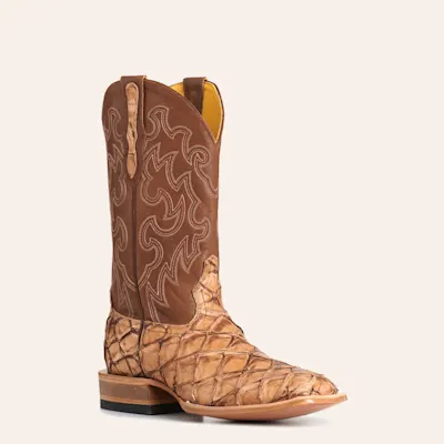 Cavender's Men's Saddle Pirarucu & Brown Leather Wide Square Toe Cowboy Boots