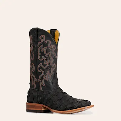 Cavender's Men's Black Pirarucu & Cowhide Wide Square Toe Exotic Cowboy Boots