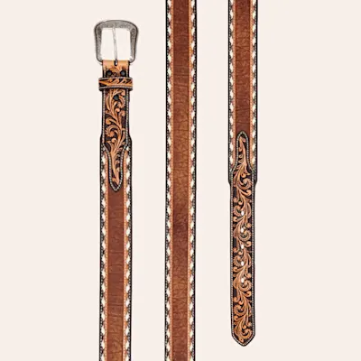 Rafter C Men's Tapered Brown & Black Stitched Silver Buckle Belt