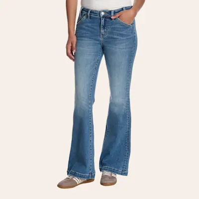 Lovervet Women's Medium Wash Mid Rise Slant Pocket Flare Jeans