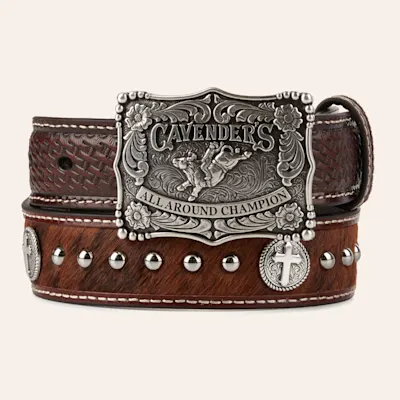 Cavender's Kid's Leather Hair on Hide Basketweave Overlay Silver Cross Champion Buckle on Western Belt