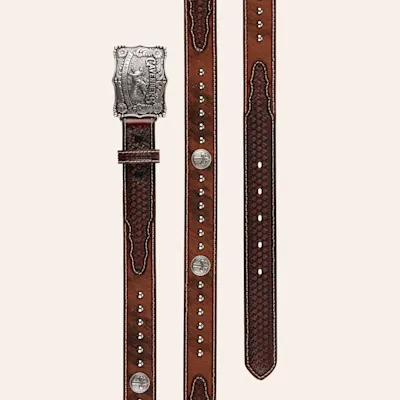 Cavender's Kid's Leather Hair on Hide Basketweave Overlay Silver Cross Champion Buckle on Western Belt