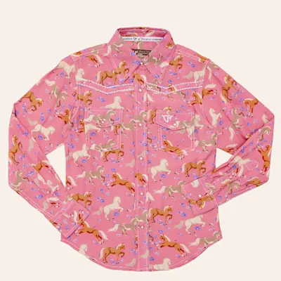 Cowgirl Hardware Toddler Girls' Pink Horse & Flowers Print Long Sleeve Pearl Snap Western Shirt