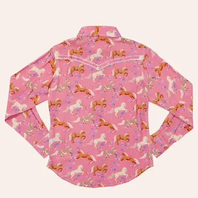 Cowgirl Hardware Toddler Girls' Pink Horse & Flowers Print Long Sleeve Pearl Snap Western Shirt