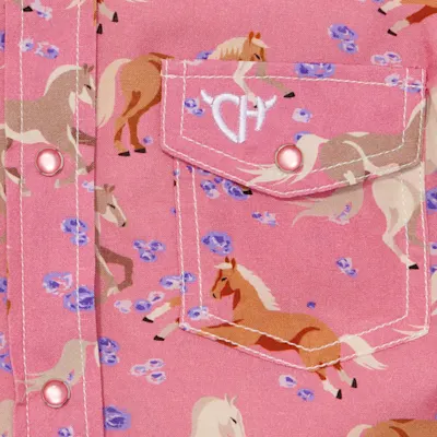 Cowgirl Hardware Toddler Girls' Pink Horse & Flowers Print Long Sleeve Pearl Snap Western Shirt