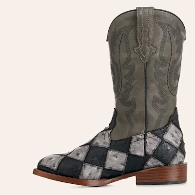 Roper Kids' Bird Blocks Black & Gray Faux Ostrich Wide Square Toe Cowboy Boots