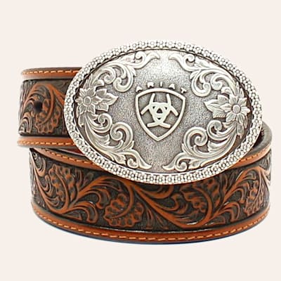 Ariat Boy's Chocolate Tooled Leather Belt with Silver Oval Buckle