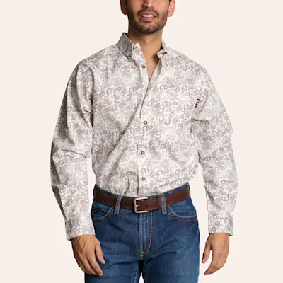 Forge Men's White & Gray Paisley Print FR Long Sleeve Shirt