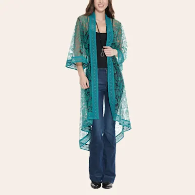 Fashion Express Women's Turquoise Floral Lace 3/4 Bell Sleeve Duster Kimono