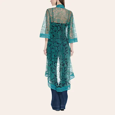 Fashion Express Women's Turquoise Floral Lace 3/4 Bell Sleeve Duster Kimono