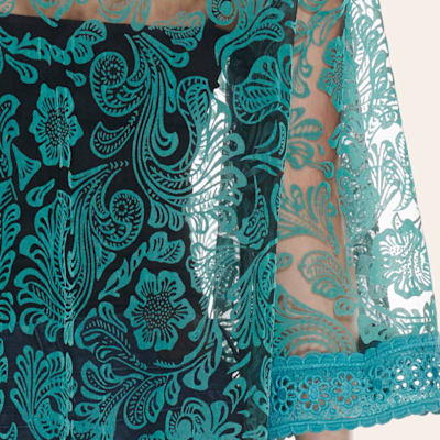 Fashion Express Women's Turquoise Floral Lace 3/4 Bell Sleeve Duster Kimono