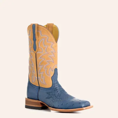 Cavender's Women's Blue Ostrich & Honey Wide Square Toe Cowboy Boots