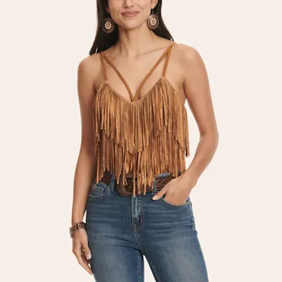 Blue B Women's Caramel Tiered Studded Fringe Bodysuit